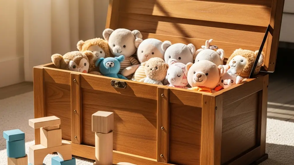 A wooden toy chest in a sunlit nursery with various plush dolls, wooden blocks, and a small colorful plastic toy car resting on a rug.
