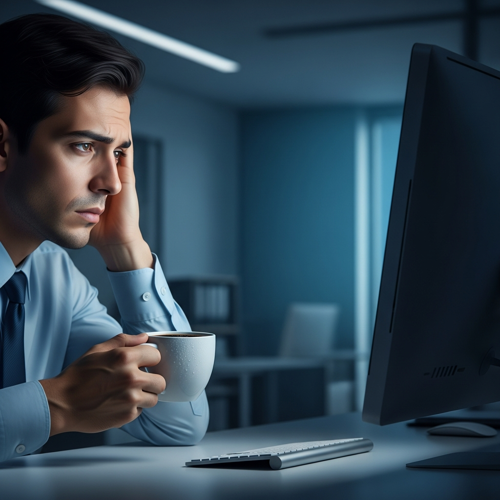 A tired office worker in a dimly lit room looking at a glowing computer screen late at night while holding a cold cup of coffee.