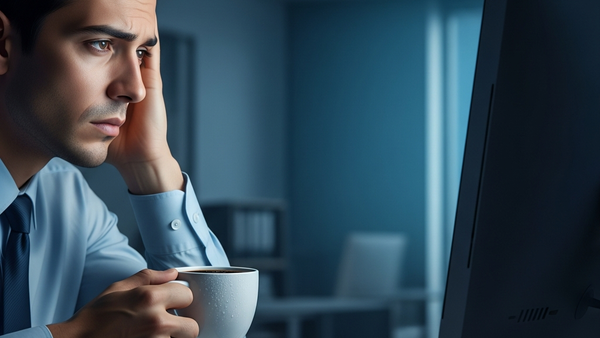 A tired office worker in a dimly lit room looking at a glowing computer screen late at night while holding a cold cup of coffee.
