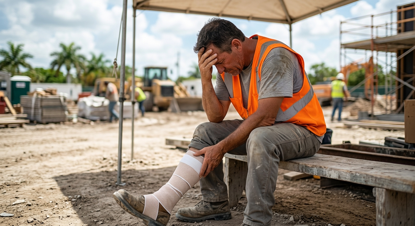 A construction worker in a safety vest sitting on a bench with their head in their hands, looking stressed, while holding a leg wrapped in a medical bandage at a Florida job site.
