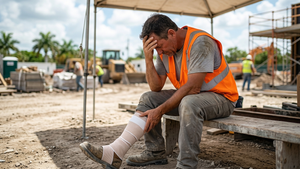 A construction worker in a safety vest sitting on a bench with their head in their hands, looking stressed, while holding a leg wrapped in a medical bandage at a Florida job site.