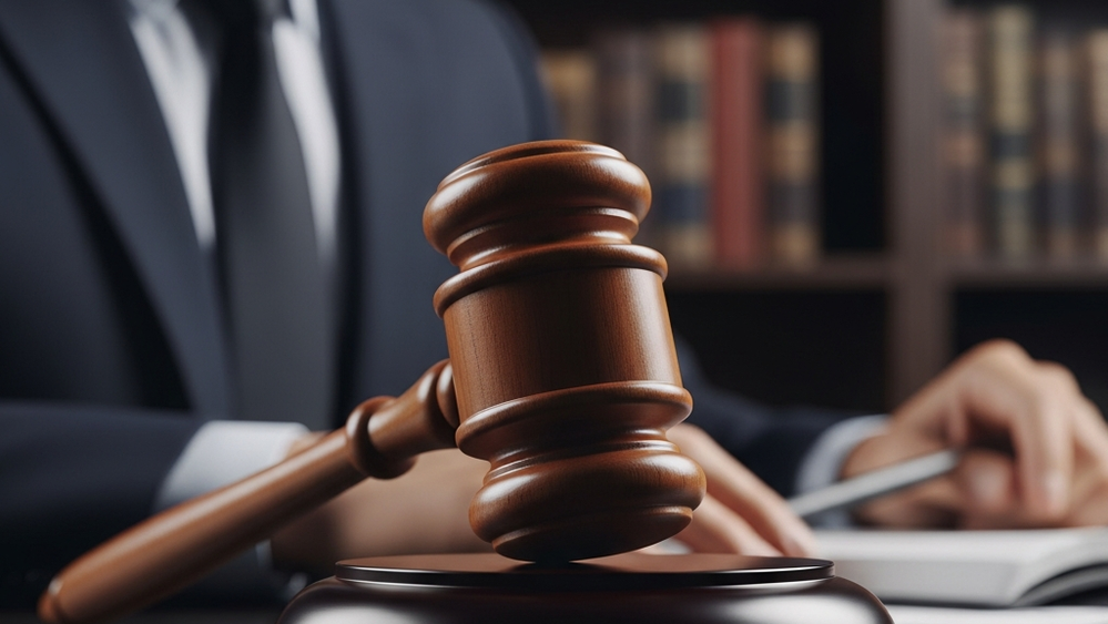 A close up of a wooden gavel resting on a desk next to a blurred bookshelf in a dimly lit office environment