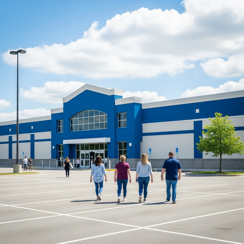 A large blue retail building with a massive parking lot and customers walking toward the entrance under a bright sky