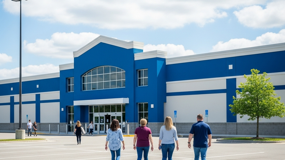 A large blue retail building with a massive parking lot and customers walking toward the entrance under a bright sky