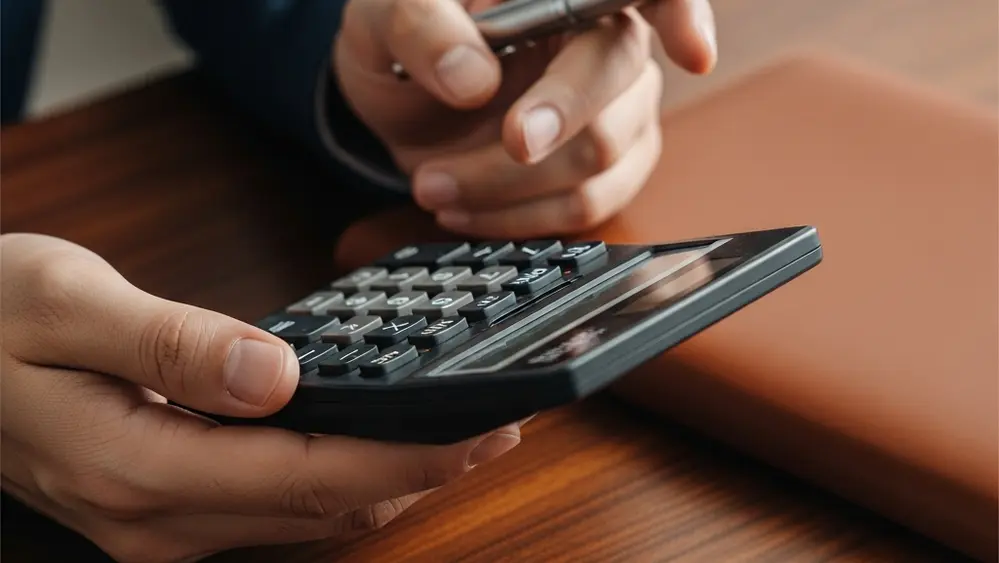 A close-up of a person's hands holding a calculator and a fountain pen over a wooden desk with a leather folder.