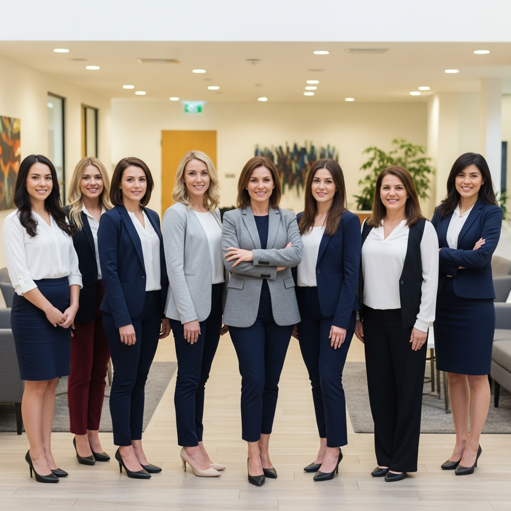 A diverse group of professional women standing together in a modern office lobby looking confident and empowered.