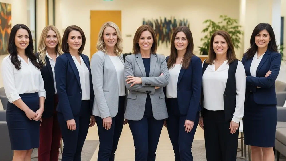A diverse group of professional women standing together in a modern office lobby looking confident and empowered.