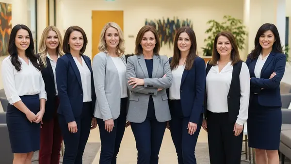 A diverse group of professional women standing together in a modern office lobby looking confident and empowered.