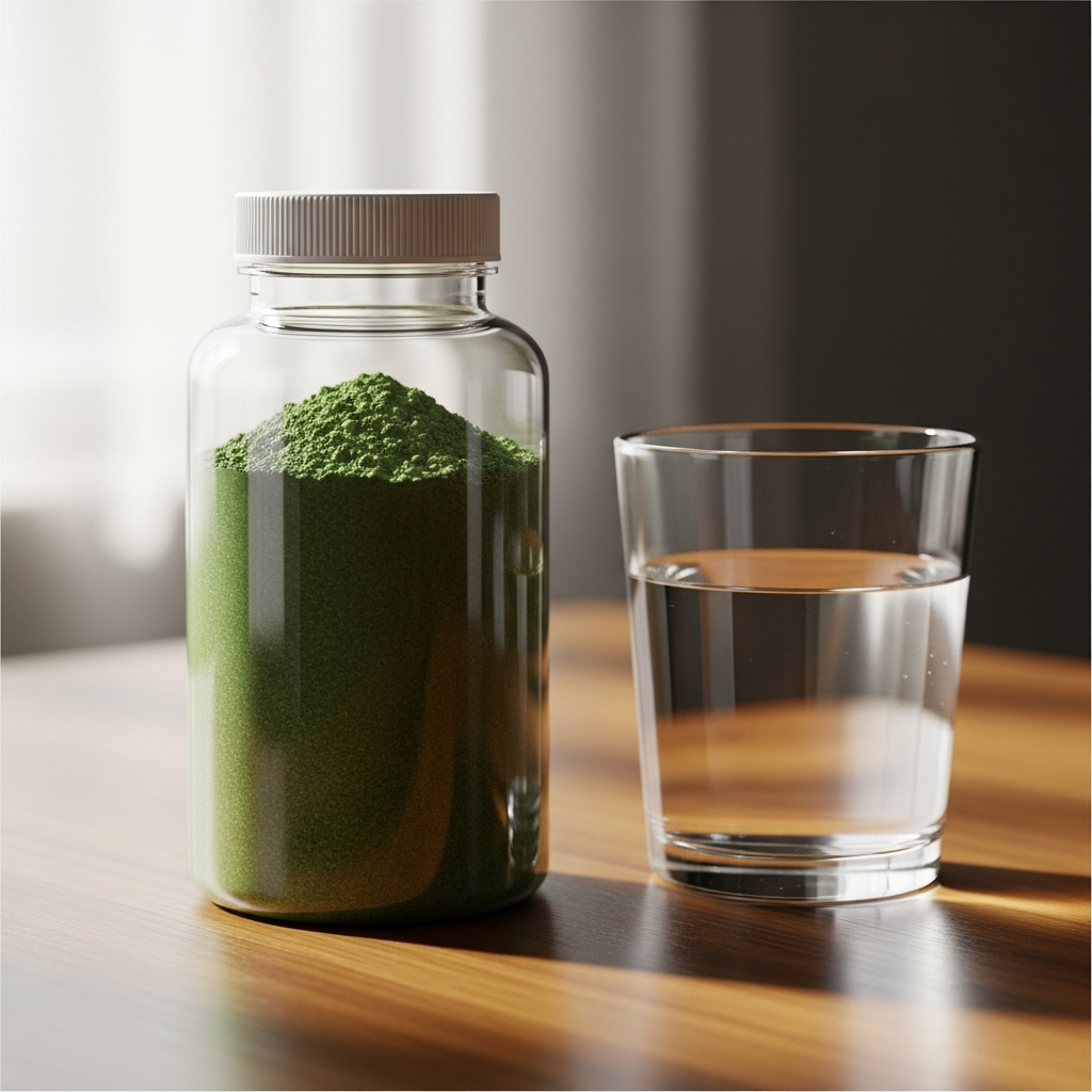 A generic plastic supplement bottle containing green kratom powder on a wooden table next to a glass of water, with soft natural light.