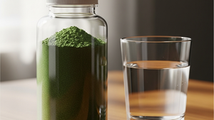 A generic plastic supplement bottle containing green kratom powder on a wooden table next to a glass of water, with soft natural light.