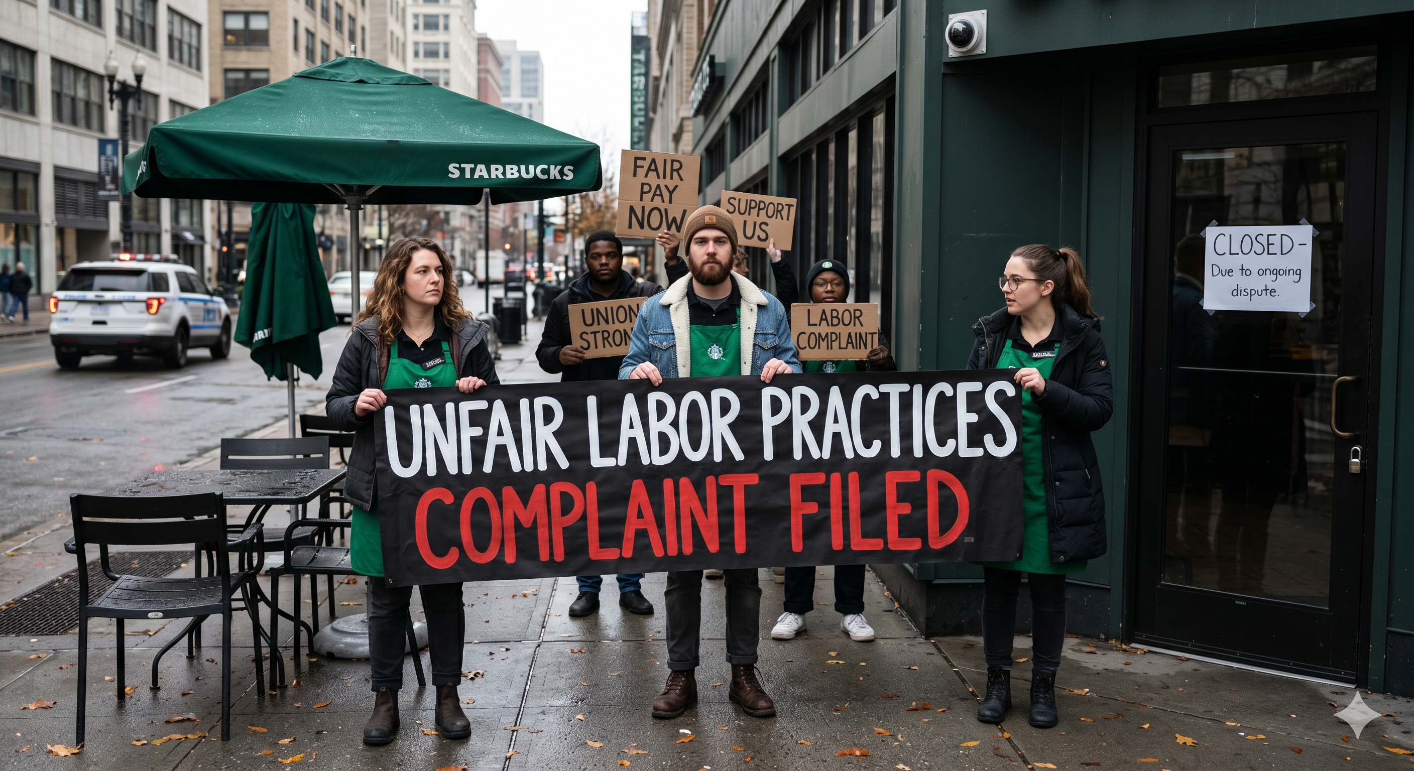 Starbucks baristas protesting outside a closed cafe on a cloudy day. Employees hold a large fabric banner reading: "UNFAIR LABOR PRACTICES COMPLAINT FILED" and smaller signs. They wear green aprons over jackets. The Starbucks store has large windows showing an empty interior and a "CLOSED - Due to ongoing dispute" sign. The scene includes an empty patio, closed umbrella, and blurry urban background with a passing police vehicle.
