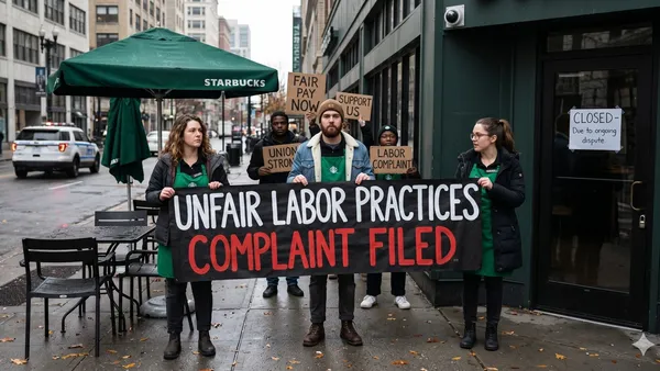 Starbucks baristas protesting outside a closed cafe on a cloudy day. Employees hold a large fabric banner reading: "UNFAIR LABOR PRACTICES COMPLAINT FILED" and smaller signs. They wear green aprons over jackets. The Starbucks store has large windows showing an empty interior and a "CLOSED - Due to ongoing dispute" sign. The scene includes an empty patio, closed umbrella, and blurry urban background with a passing police vehicle.