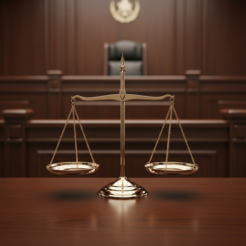 A set of heavy metal scales of justice sitting on a dark wooden desk in a courtroom setting with an out-of-focus judicial bench in the background.
