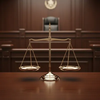 A set of heavy metal scales of justice sitting on a dark wooden desk in a courtroom setting with an out-of-focus judicial bench in the background.