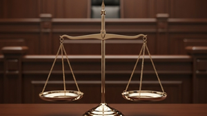 A set of heavy metal scales of justice sitting on a dark wooden desk in a courtroom setting with an out-of-focus judicial bench in the background.