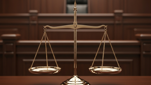 A set of heavy metal scales of justice sitting on a dark wooden desk in a courtroom setting with an out-of-focus judicial bench in the background.