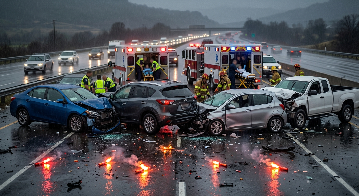 A wide-angle view of a multi-car collision on a rainy highway with several vehicles involved and emergency flares on the asphalt.