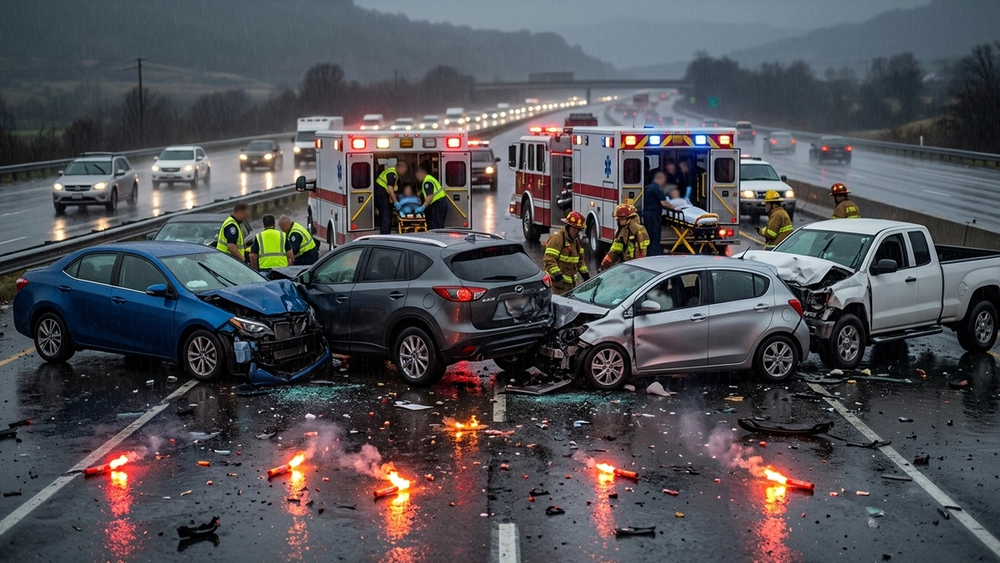 A wide-angle view of a multi-car collision on a rainy highway with several vehicles involved and emergency flares on the asphalt.