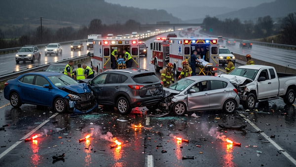 A wide-angle view of a multi-car collision on a rainy highway with several vehicles involved and emergency flares on the asphalt.