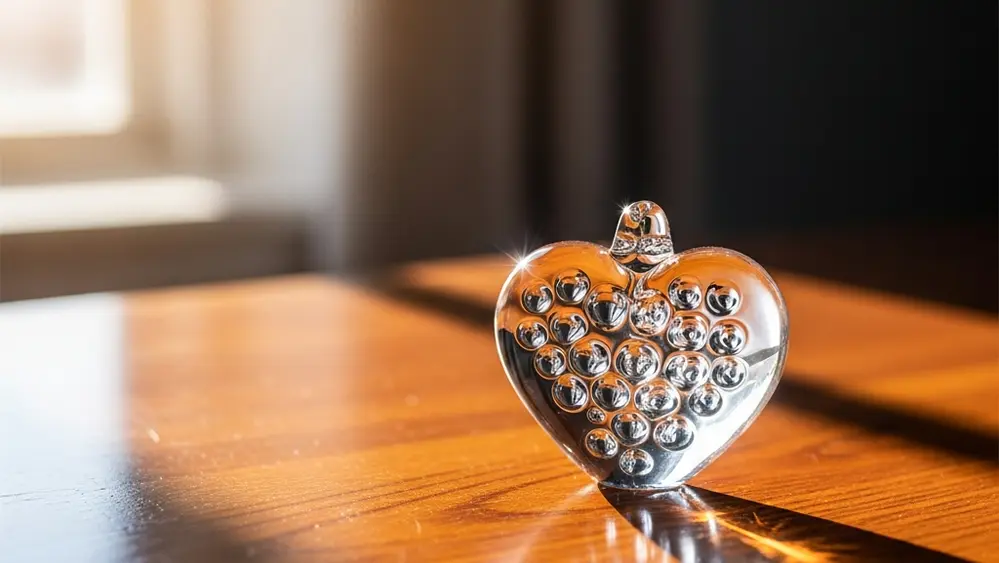 A small, delicate glass heart sitting on a polished wooden table with soft sunlight streaming through a nearby window.