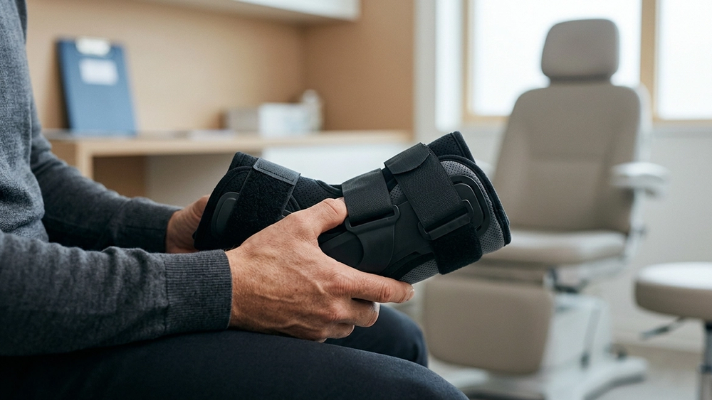A close-up of a person's hands holding a medical brace, representing the physical impact of a serious injury in a clinical setting.