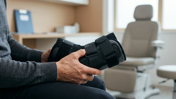 A close-up of a person's hands holding a medical brace, representing the physical impact of a serious injury in a clinical setting.