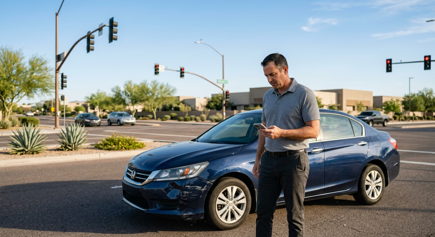 A driver standing next to a damaged sedan at an Arizona intersection, looking at the car while holding a smartphone.