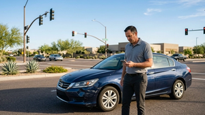 A driver standing next to a damaged sedan at an Arizona intersection, looking at the car while holding a smartphone.