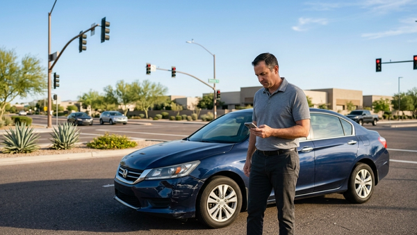 A driver standing next to a damaged sedan at an Arizona intersection, looking at the car while holding a smartphone.