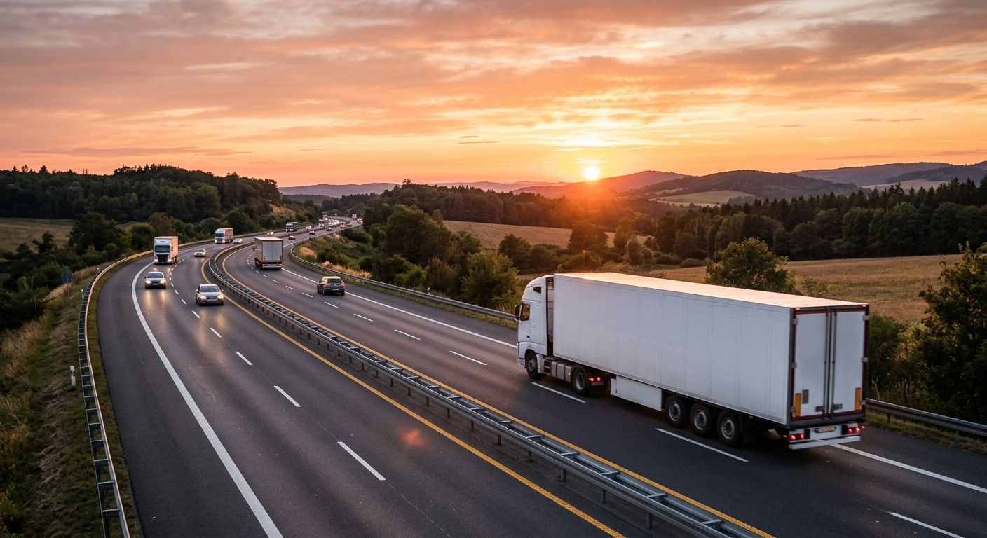A large white commercial delivery truck moving along a multi-lane highway at sunset, emphasizing the scale of the vehicle.