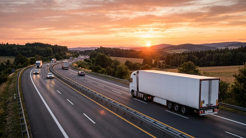 A large white commercial delivery truck moving along a multi-lane highway at sunset, emphasizing the scale of the vehicle.