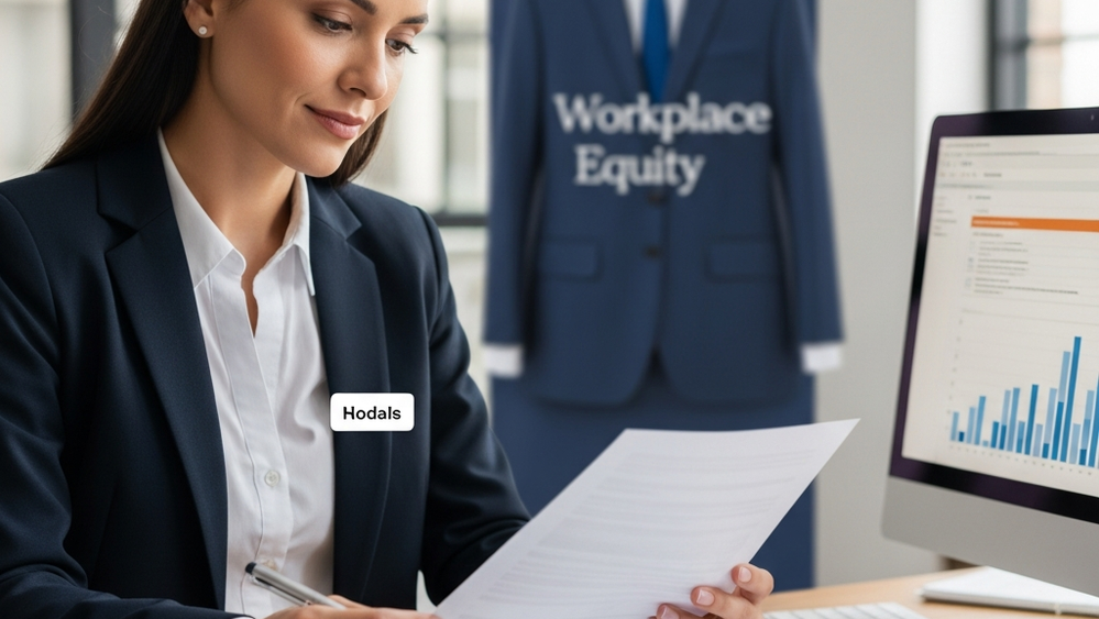 A professional woman in an office setting looking at financial documents, symbolizing workplace equity and legal review of pay structures.