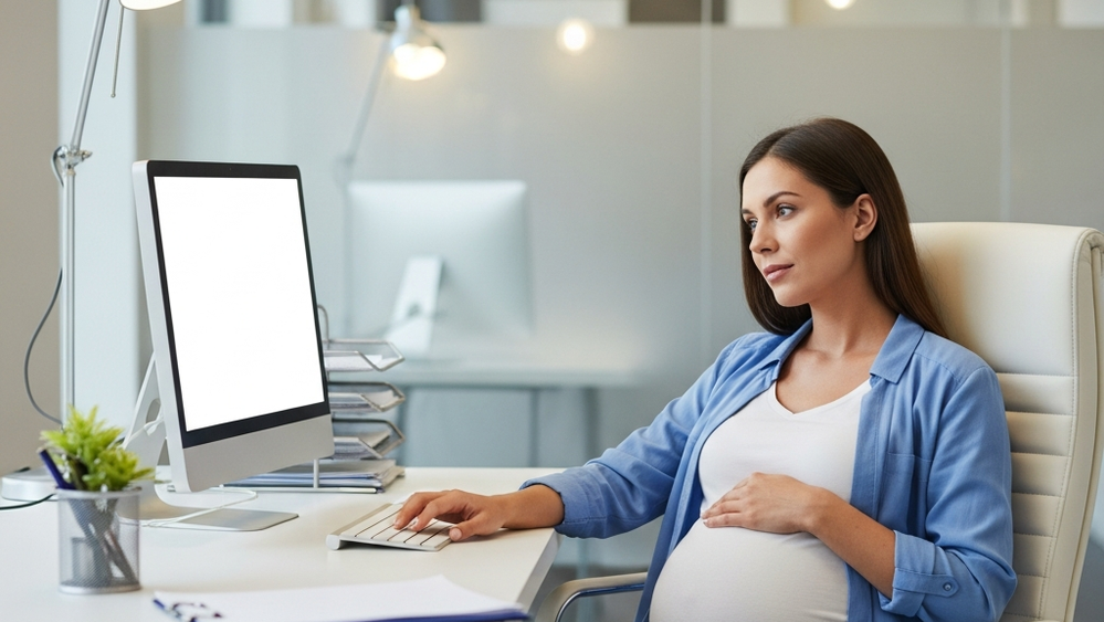 A pregnant woman sitting at a desk in a bright office, looking thoughtfully at her computer while resting her hand on her abdomen.