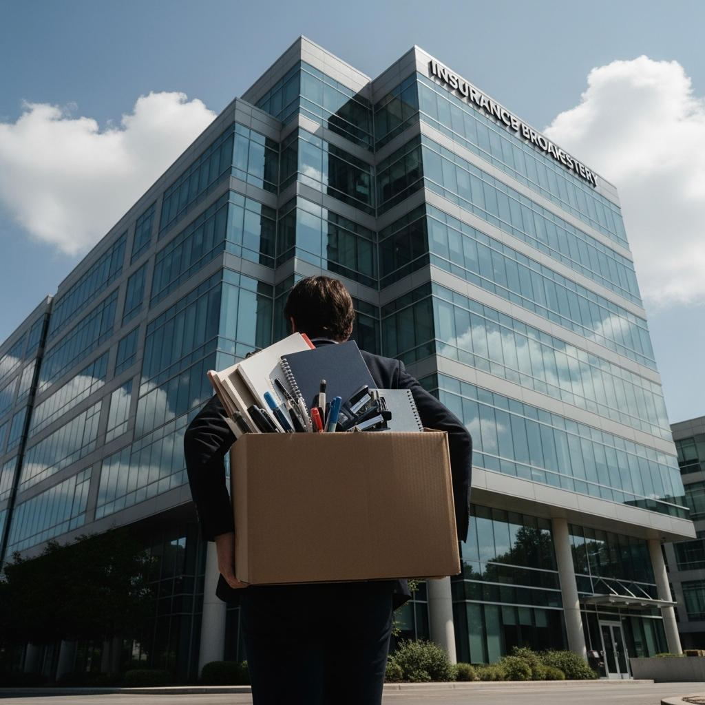 A person carrying a cardboard box filled with office supplies walks away from a sleek, multi-story glass insurance brokerage building during a bright afternoon.
