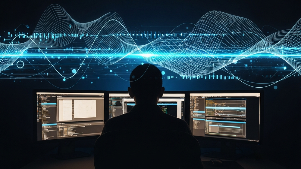A silhouette of a person sitting in front of multiple glowing computer monitors in a dark room with stylized digital representations of data streams moving across the background