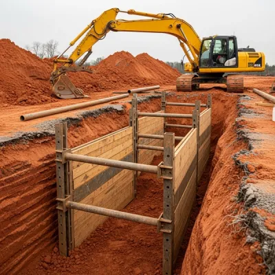 A deep excavated construction trench with safety shoring equipment and a yellow excavator parked nearby on red Alabama soil.