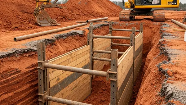 A deep excavated construction trench with safety shoring equipment and a yellow excavator parked nearby on red Alabama soil.