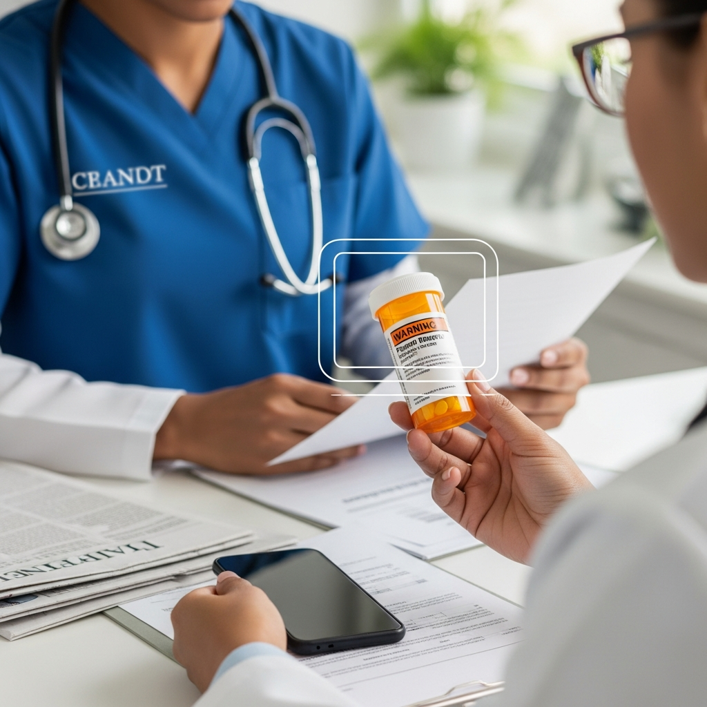 A medical professional holding a prescription drug bottle with a warning label overlay.