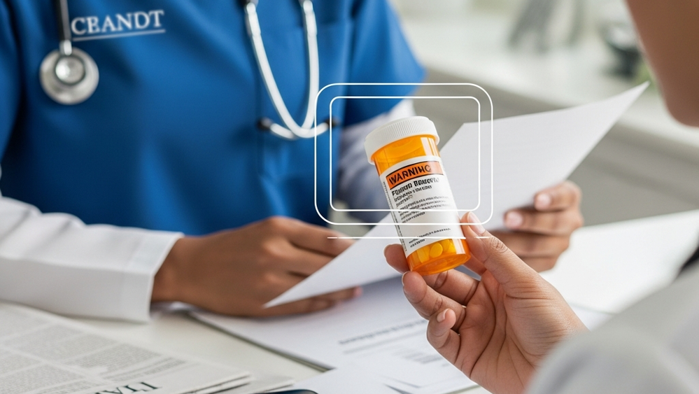 A medical professional holding a prescription drug bottle with a warning label overlay.