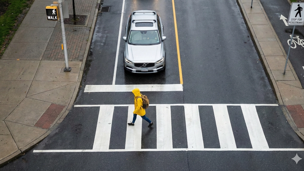 An overhead view of a pedestrian crossing a street with a car stopped at a crosswalk, representing safety and legal rights in traffic.