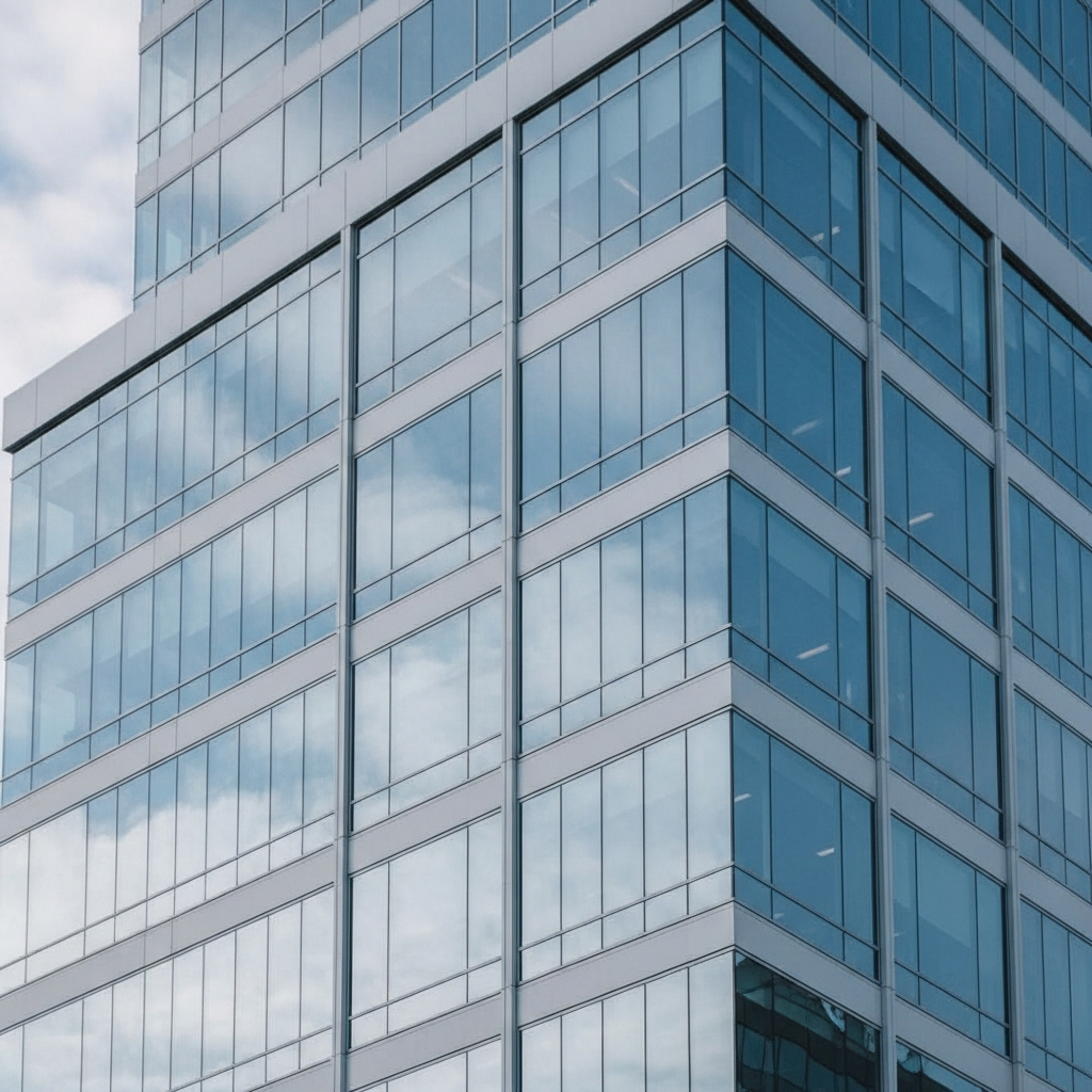 A modern corporate office building with glass windows reflecting the sky, representing an environment under federal investigation.