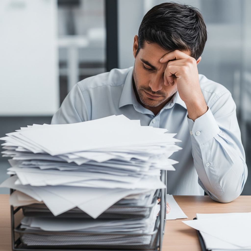A professional man in a business casual shirt looking stressed at a desk with an overflowing inbox of papers, representing an overworked salaried employee.