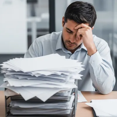 A professional man in a business casual shirt looking stressed at a desk with an overflowing inbox of papers, representing an overworked salaried employee.