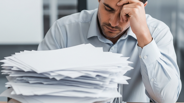 A professional man in a business casual shirt looking stressed at a desk with an overflowing inbox of papers, representing an overworked salaried employee.