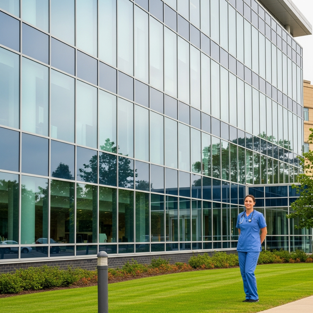 A modern hospital exterior with glass windows and a nurse in blue scrubs standing in the foreground near a green lawn.