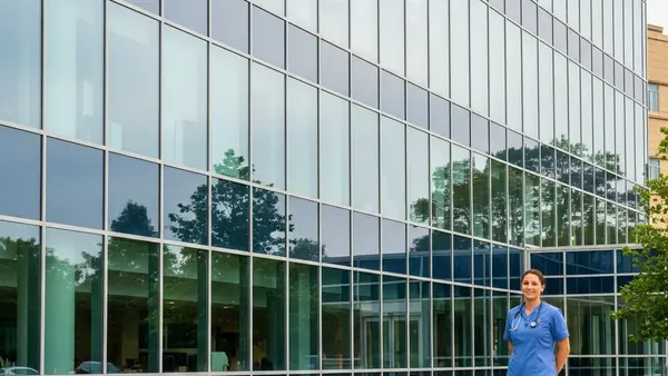 A modern hospital exterior with glass windows and a nurse in blue scrubs standing in the foreground near a green lawn.