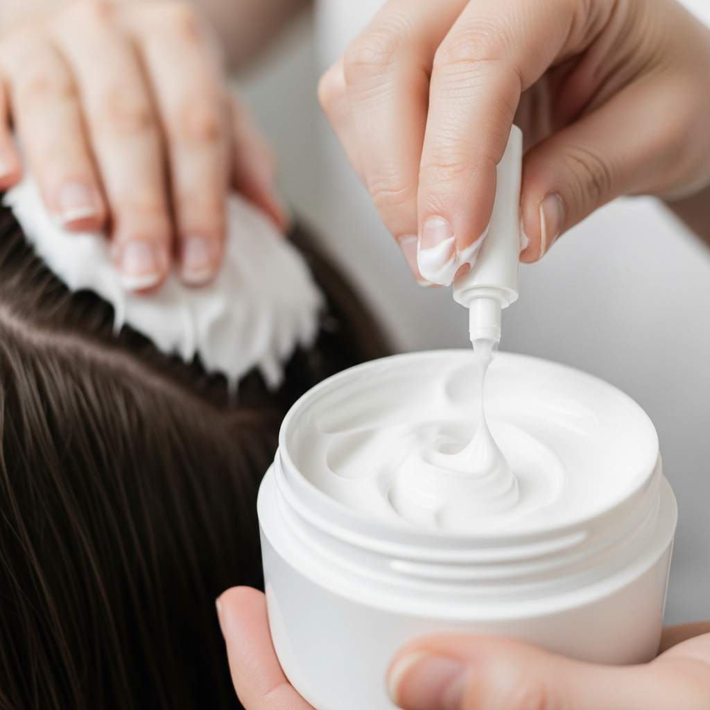 A close-up of a white cosmetic cream in a jar, being used in a hair treatment procedure, without any visible brand labels or text.