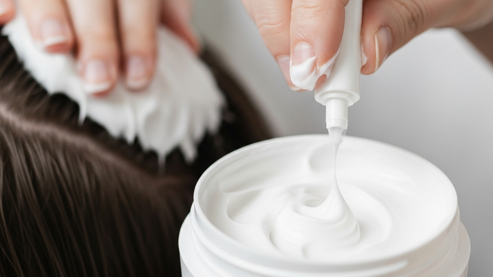 A close-up of a white cosmetic cream in a jar, being used in a hair treatment procedure, without any visible brand labels or text.