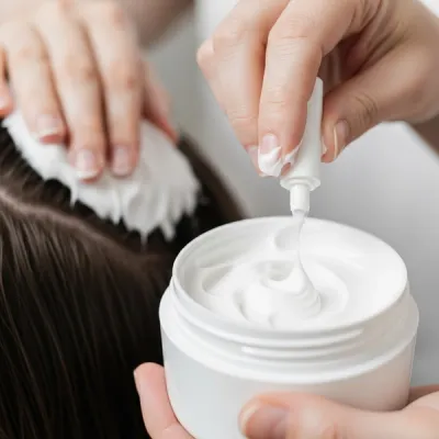 A close-up of a white cosmetic cream in a jar, being used in a hair treatment procedure, without any visible brand labels or text.