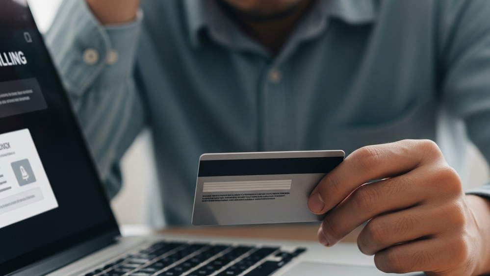 A close up of a hand holding a credit card over a laptop keyboard while looking frustrated at a screen displaying a recurring billing notice